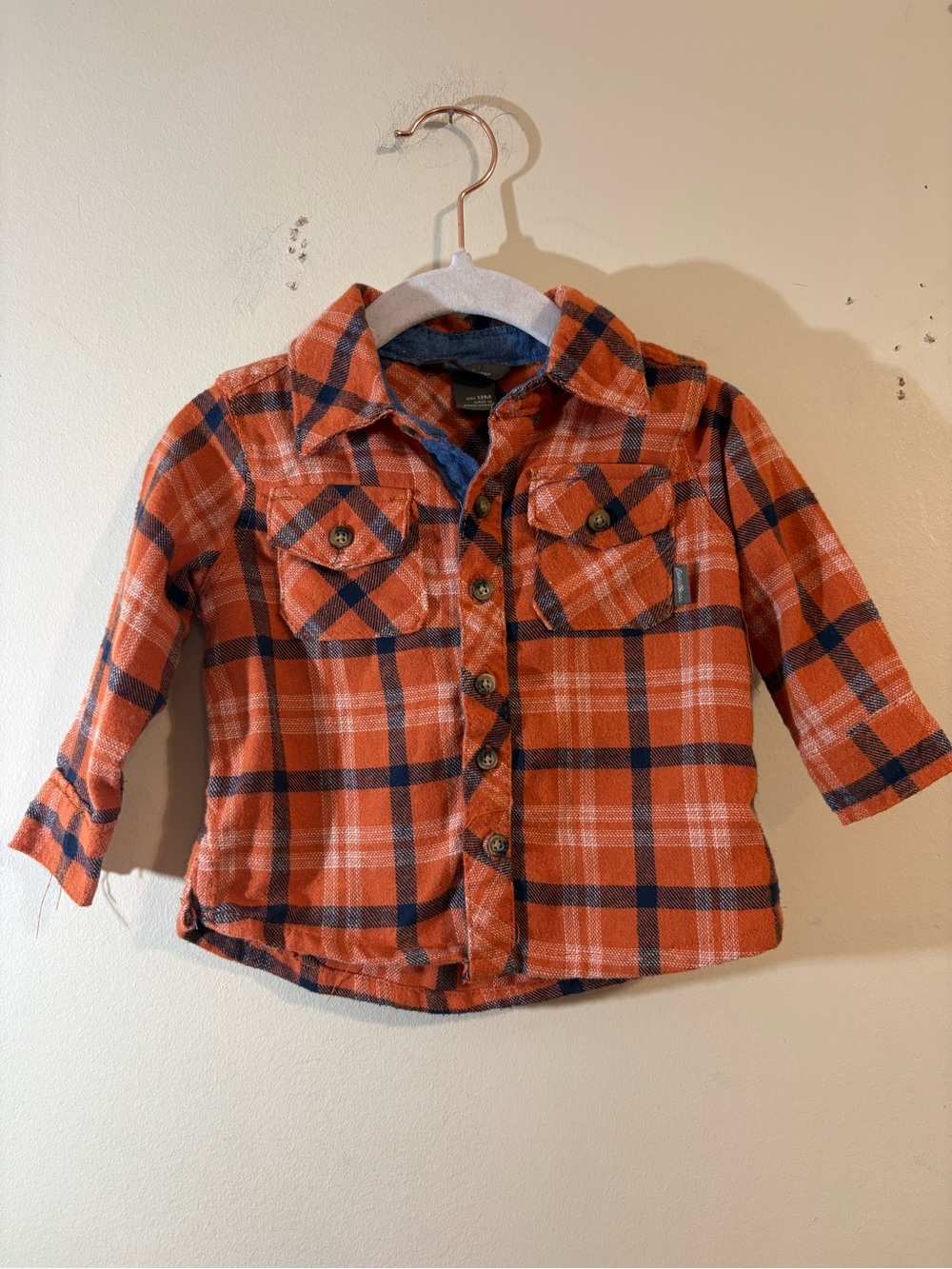 Eddie Bauer flannel shirt boys 12 month Orange Plaid Button-Up front pockets